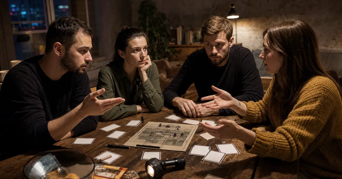 Компания друзей обсуждает карты игры «Бункер» за столом