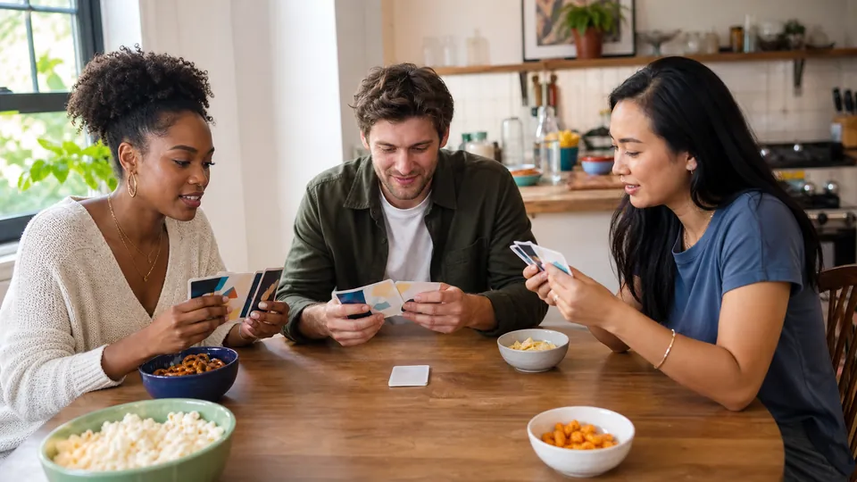 Three friends choosing picture cards for a casual game night
