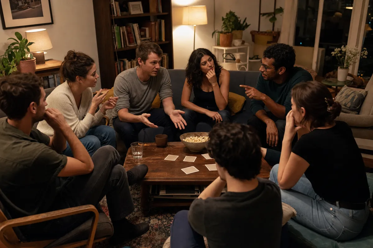 Friends discussing a secret-role game in a living room