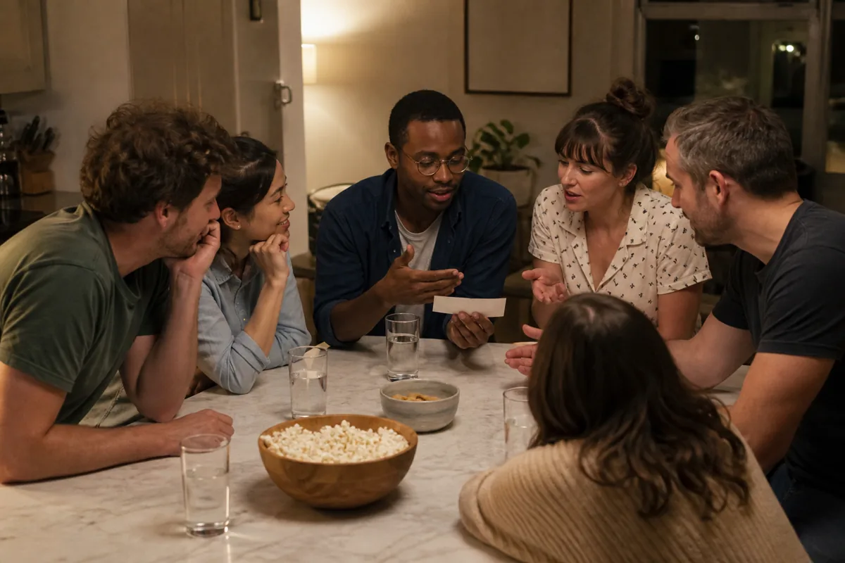 Adults sharing a conversation game around a table