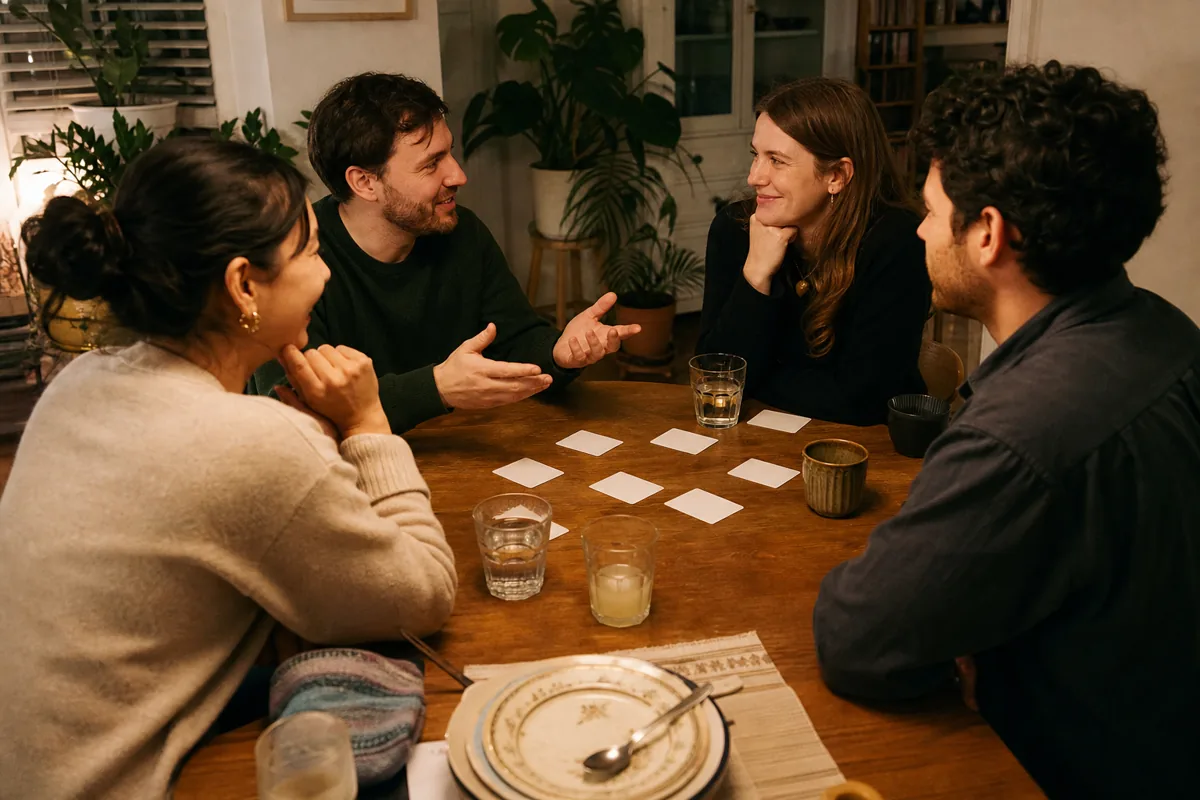 Friends talking around a table with prompt cards