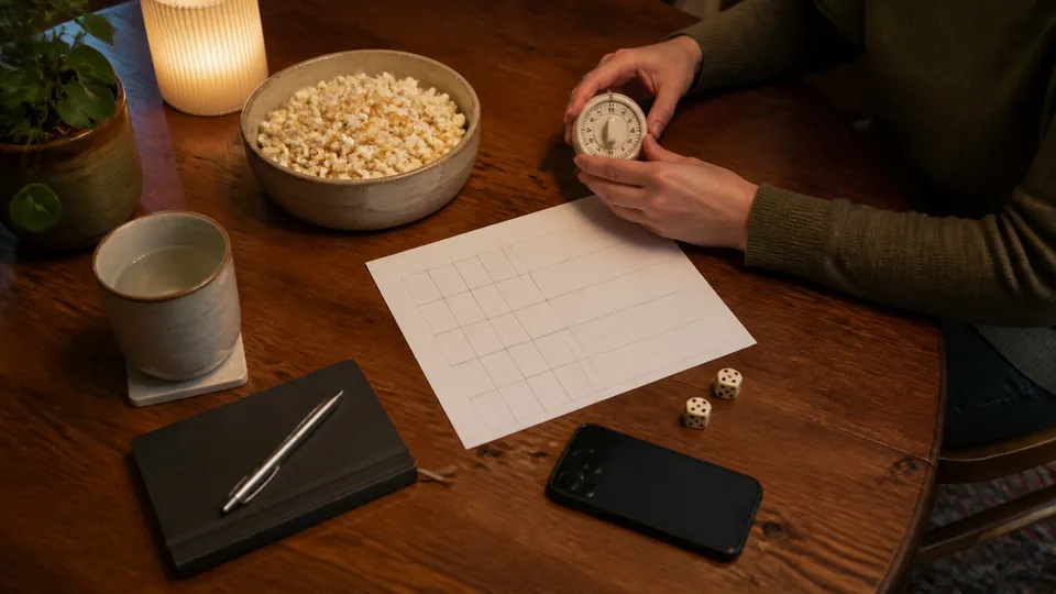 A game-night host setting out a timer, score sheet, and snacks