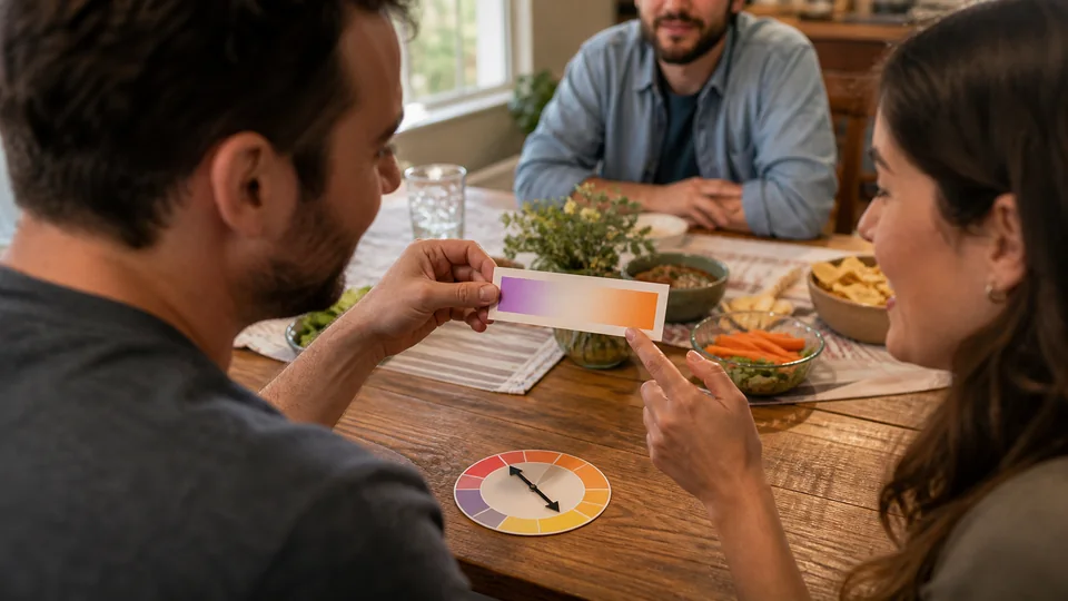 Friends discussing a spectrum clue beside a pointer dial