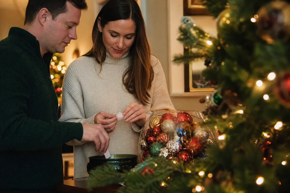 Two guests submitting ornament-count guesses beside a Christmas tree