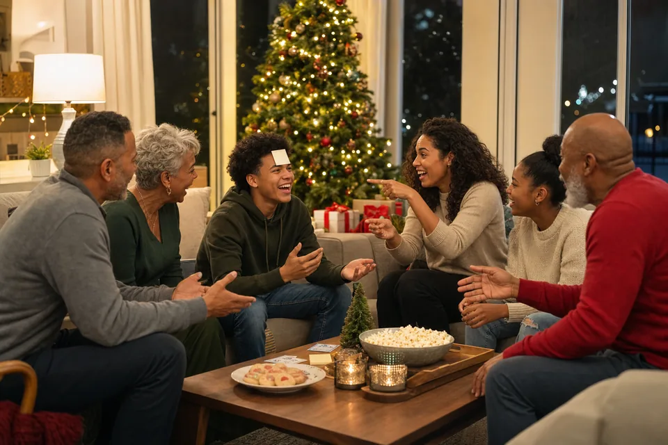 Family and friends playing a Christmas guessing game