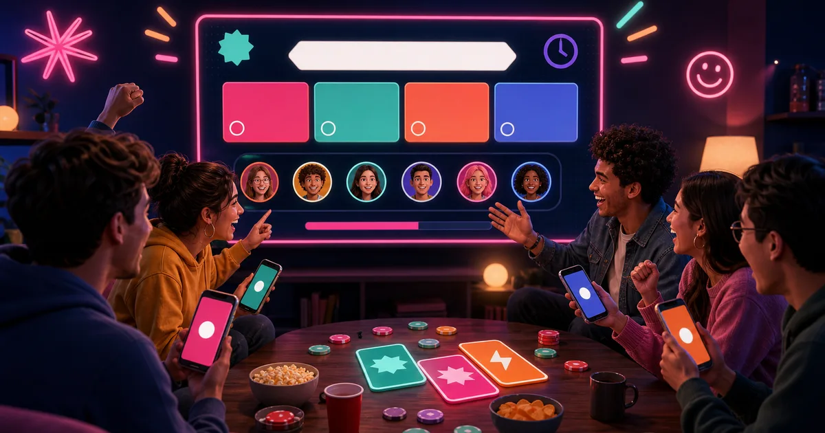 Friends playing browser party games together with phones