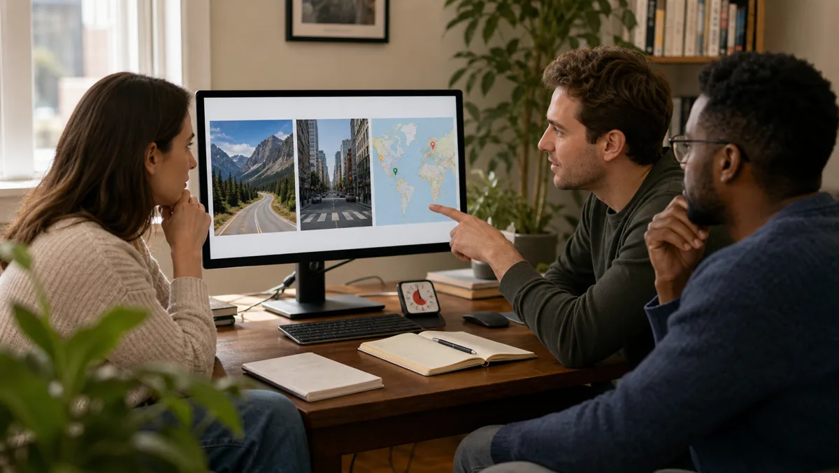 Friends compare mountain, city, and world-map geography game options
