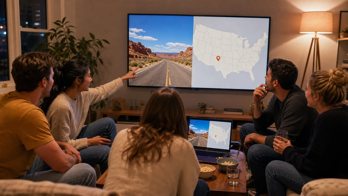 Friends comparing a desert road with a map during a geography guessing game