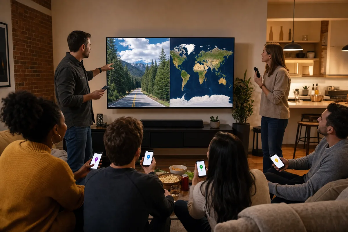 A group joins a live geography guessing game from phones in a living room