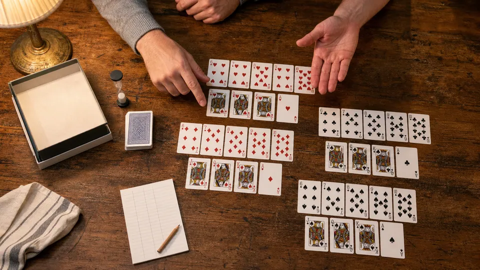 Playing cards, timer, pencil, and scorepad arranged on a table
