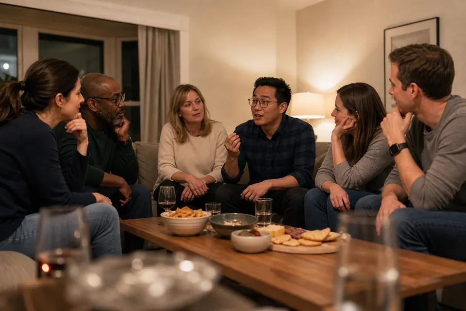 A player giving a short clue while five friends listen