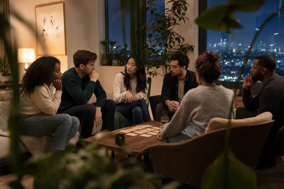 Six friends comparing clues during an imposter game discussion