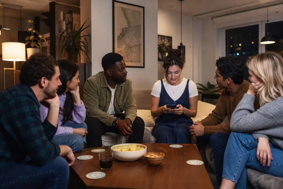 Six friends starting an imposter word game