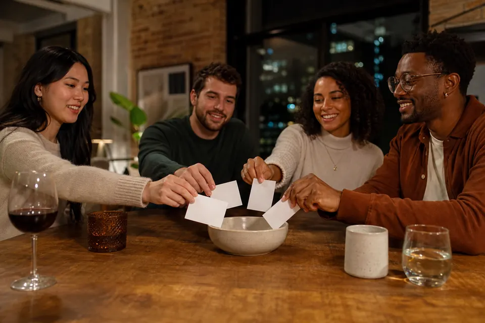 Four friends placing closed ballots into a bowl