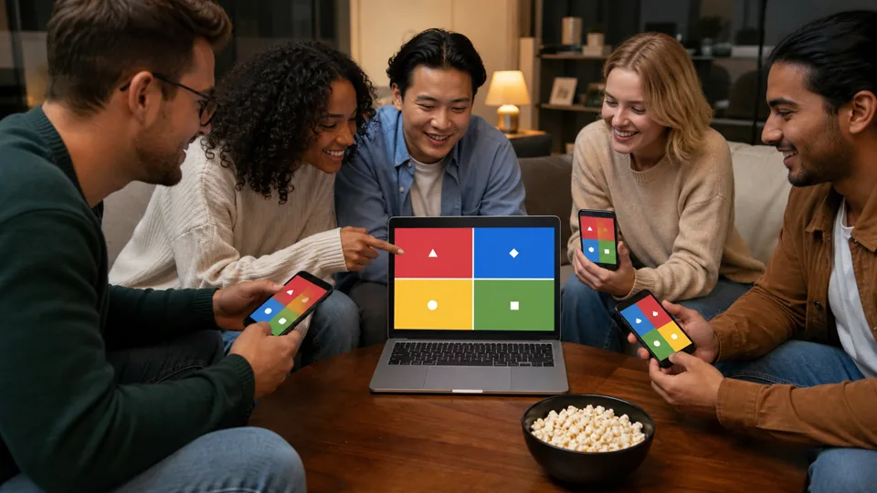 Friends using sharp phone and laptop screens for a browser game