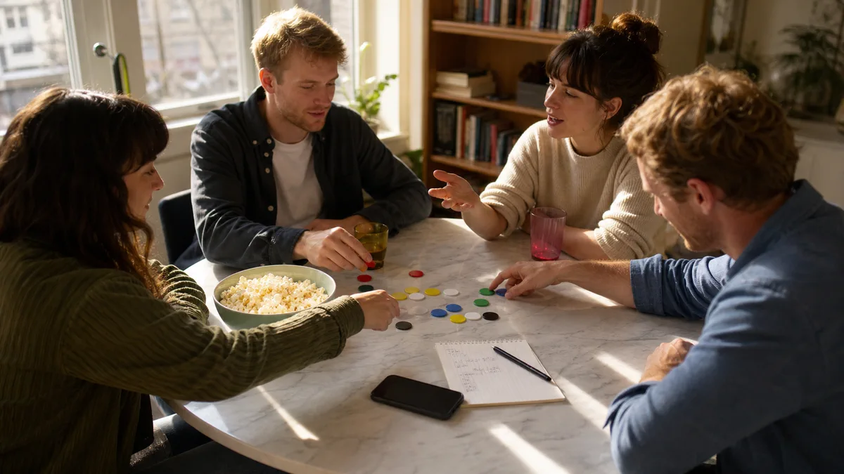 Friends choosing a game around one phone