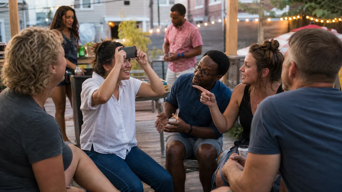 Friends giving clues during a phone game