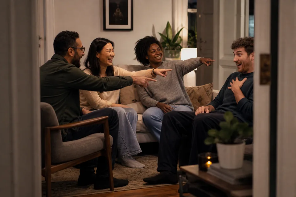 Friends pointing during a Most Likely To round