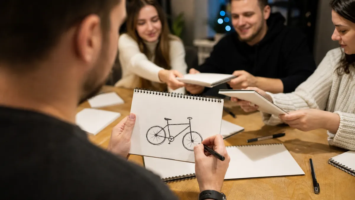 Player sketching a bicycle while friends prepare to guess