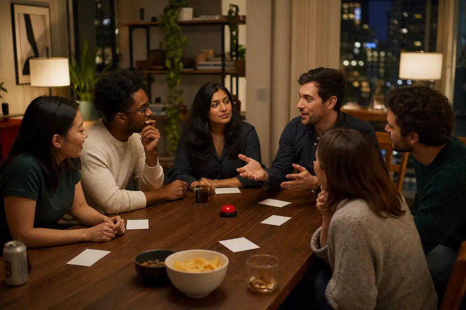 Friends playing a forbidden-word guessing game at an apartment party