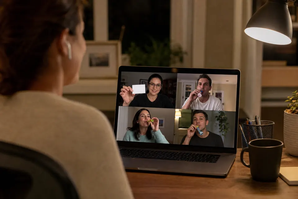 Remote Taboo host showing a card while friends join by laptop video call
